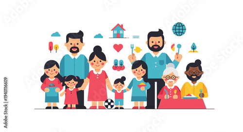 Diverse family gathering with children and adults united in love and joy, surrounded by global connections and modern technology, illustrated in a vibrant cartoon style