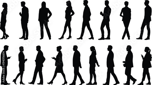 Black silhouette people vector illustration, diverse standing and walking poses, business casual attire artwork, urban lifestyle design, professional posture outline, human movement concept