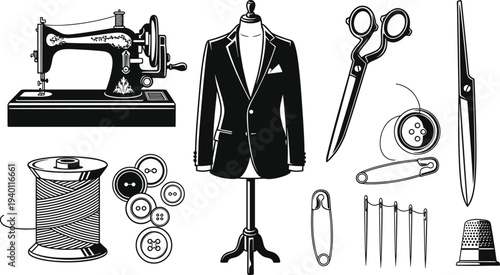 Tailoring Tools and Sewing Equipment Set Vintage Sewing Machine Scissors Needles Vector Illustration
