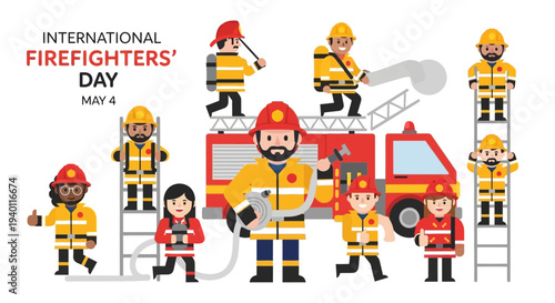 Firefighters standing near a fire engine with ladders on International Firefighters' Day celebration