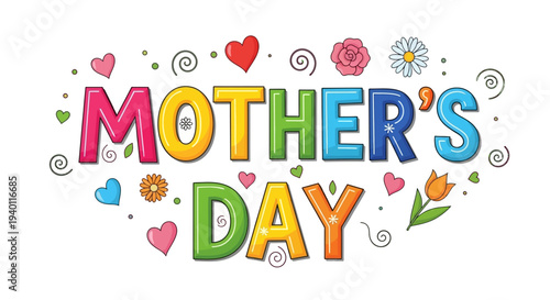 Colorful Mother's Day greeting card with floral decorations and swirls design