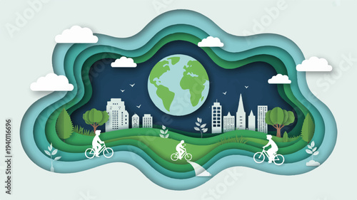 Earth surrounded by cityscape green landscape with people cycling walking and flying symbolizing eco friendly urban living and sustainability at night
