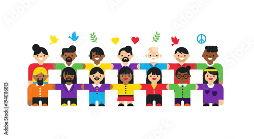 Diverse group of people standing together in unity and harmony, holding hands in a symbol of friendship and togetherness, surrounded by colorful icons