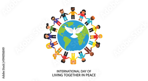Diverse community holding hands around the Earth, promoting peace and unity on International Day of Living Together in Peace from a global viewpoint