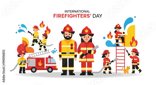 Firefighters in action on International Firefighters' Day, standing near fire truck with equipment and children nearby
