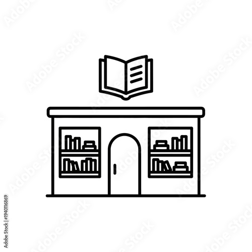Minimalist Black and White Line Drawing of a Bookshelf with Open Book