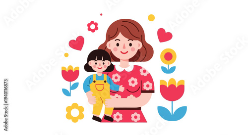 Mother embracing child surrounded by flowers and hearts in a whimsical illustration from a warm viewpoint