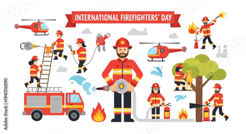 Firefighters in action on International Firefighters' Day, surrounded by vehicles and equipment, celebrating bravery and service