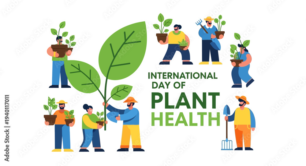 Fototapeta premium People around a large plant celebrating International Day of Plant Health with gardening tools in a vibrant outdoor setting