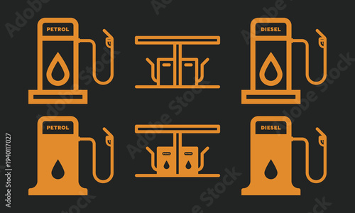 Petrol Diesel Gas Pump Station Nozzle Dispenser Icons Amber Outline Filled