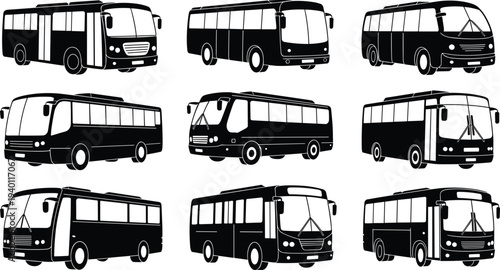 Black bus silhouette vector illustration, diverse public transportation vehicle artwork, city travel design concept, passenger transport outline, urban mobility graphic, bus icon set