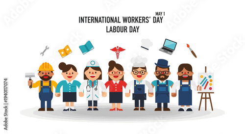 Celebration of International Workers' Day with diverse professionals in various occupations standing together