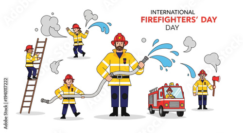 Firefighters in action during International Firefighters' Day celebrations illustrated with vector graphics
