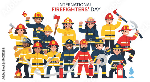 Diverse group of cartoon firefighters celebrating International Firefighters' Day in various poses with equipment