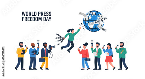 Global Journalists Celebrating World Press Freedom Day with Cameras and Devices in Hand, Illustration