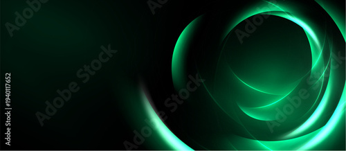Abstract background features swirling green light shapes. Dark tones dominate composition, creating dynamic visual effect.