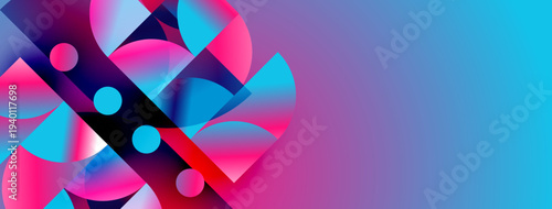 Abstract geometric shapes blend vibrant pinks, blues. Gradient background creates modern digital artwork. Composition feels dynamic, energetic.