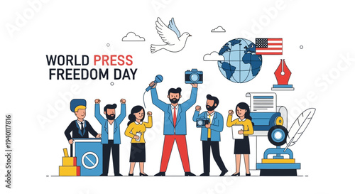 Celebrating World Press Freedom Day with diverse professionals and media elements around the globe