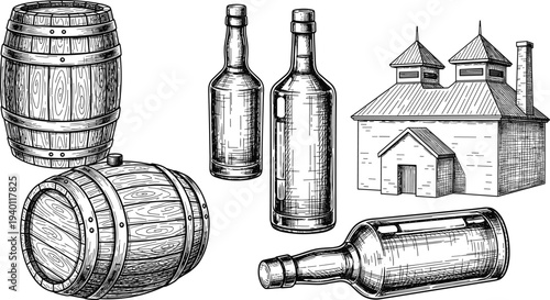 Vintage Wine Barrels Glass Bottles and Old Winery Building Hand Drawn Vector Illustration Set