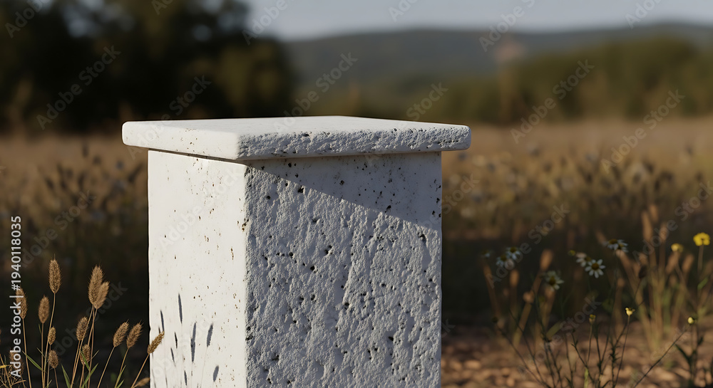 Fototapeta premium Elegant white textured stone podium display block set within a rustic natural environment featuring a minimalist uncluttered backdrop and spacious copy area for product presentation.
