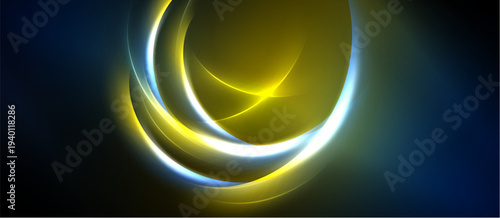 Abstract design features glowing circular layers. Yellow, white, blue hues blend into dark background. Dynamic, modern aesthetic.