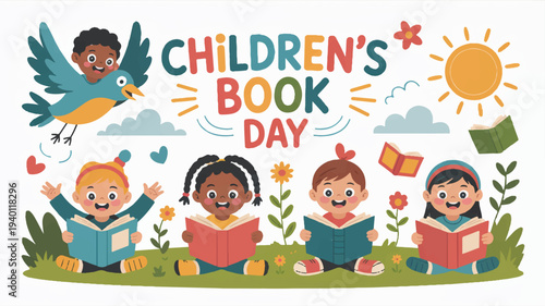 Happy children reading books on children's book day outdoors in sunshine with bird