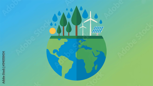 Earth with green trees solar panel and wind turbine on top symbolizing eco friendly renewable energy and sustainable environment
