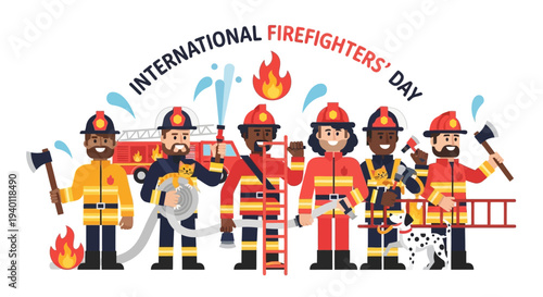 International Firefighters' Day Celebration with Diverse Firefighters Standing Together