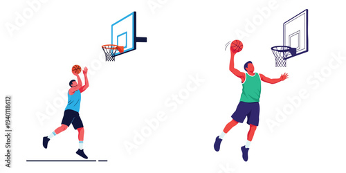 A set of person making a basketball shot at the hoop, flat vector illustration, clean minimalist design, white background.