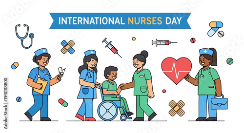Diverse medical professionals celebrating International Nurses Day with patients in a vibrant, healthcare-themed illustration.