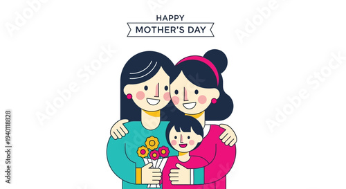 Illustration of happy mothers and daughters celebrating Mother's Day together with flowers indoors