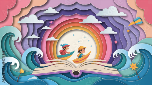 Whimsical illustration of two children sailing on an open book with a vibrant rainbow and ocean waves surrounded by clouds and a butterfly