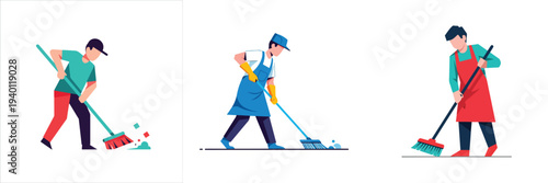 An individual sweeping the floor using a broom, flat vector illustration, simple minimalist style, white background.