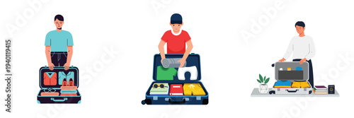 A person packing a suitcase for travel, vector illustration, flat design, white background, minimalist, clean design.