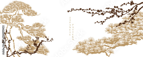 Bonsai tree branch with cherry blossom flower with Chinese painting in natural background.