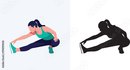 Flat style vector artwork of a person cooling down with stretching after exercise, clean minimalist design, white background.