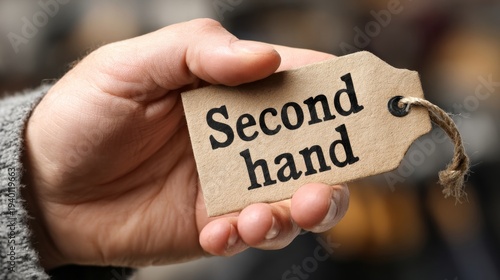 Hand holding a second hand tag showcasing eco-friendly choices and sustainable fashion for thrift shopping lovers in a vibrant retail setting. Generative AI