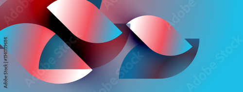 Abstract shapes overlap, creating vibrant color gradients. Blue background complements red, pink, navy hues. Modern design.