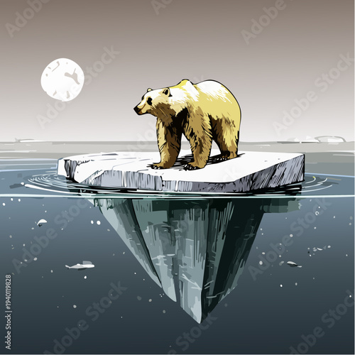 Stylized illustration of a polar bear stranded on a melting iceberg.
