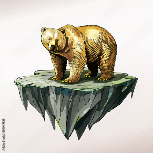 Stylized brown bear with a blue glow on a floating rock island.