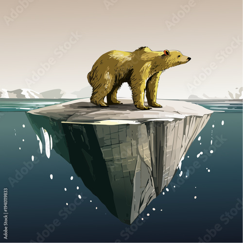 Stylized illustration of a solitary polar bear on a melting iceberg.
