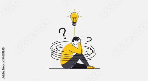Confused person with idea lightbulb above head, questioning and thinking, mental state.