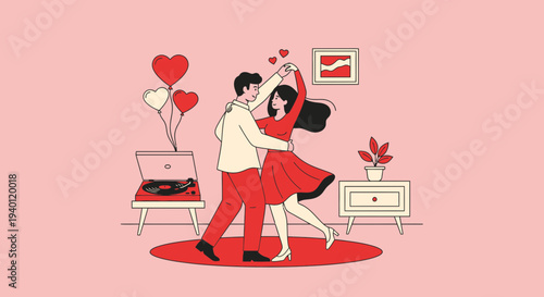 Couple Dancing Romantic Waltz in Living Room with Balloons and Record Player