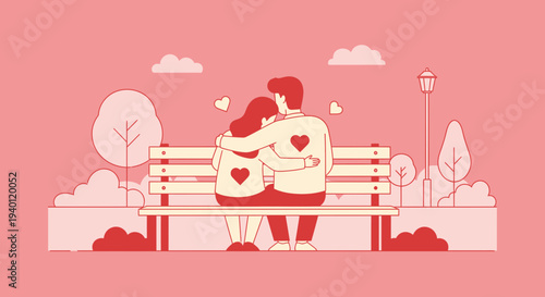Couple Embracing on Park Bench, Romantic Love, Valentine's Day, Hearts, Pink Palette