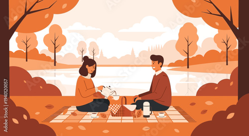 Couple Enjoying Autumn Picnic by Lake with Dog, Cozy Outdoor Fall Recreation