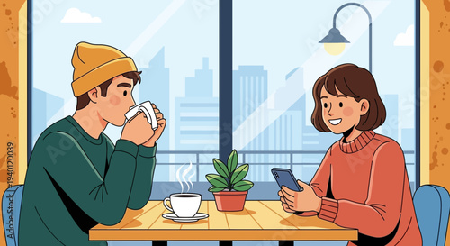 Couple enjoying coffee at a cafe with city view, relaxed atmosphere