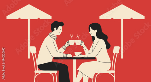 Couple enjoying coffee date under umbrellas at outdoor cafe, romantic lifestyle illustration