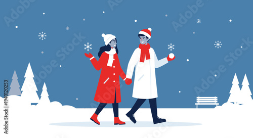 Couple Holding Hands Walking in Snow During Winter Snowfall, Enjoying a Romantic Day