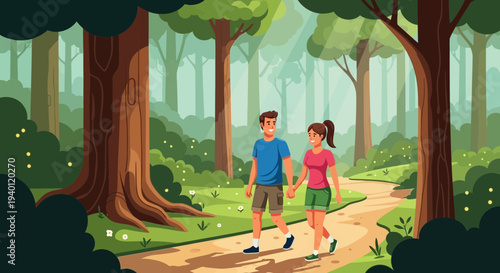 Couple Holding Hands Walking on Forest Path, Enjoying Nature and Healthy Lifestyle