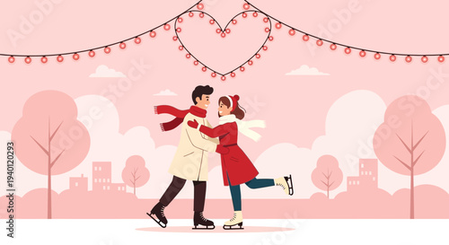 Couple Ice Skating Together in Heart Shape Lights Romantic Winter Date